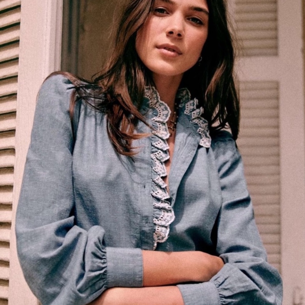 Sezane Chlo Chambray Blouse with Lace Detail